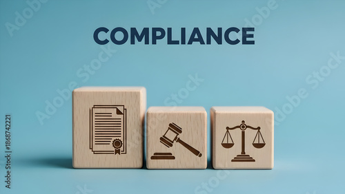 Business-compliance and regulatory-law on wooden cubes. Essential corporate-governance and legal-framework concepts visualized with wooden cubes for regulations, law, and justice.