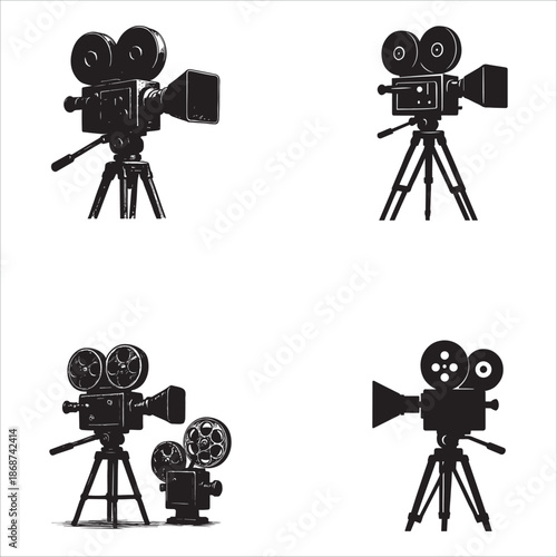 Collection of vintage film cameras on transparent background