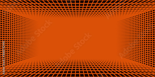 Glowing neon wireframe room floors ceiling, wall background. Red grid room in perspective. Bright retro futuristic wallpaper. Abstract checkered plane landscape. Game horizon surface. Vector backdrop