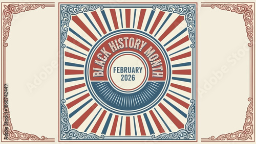 A vibrant vector graphic illustration celebrating Black History Month in February 2026 with a colorful sunburst design