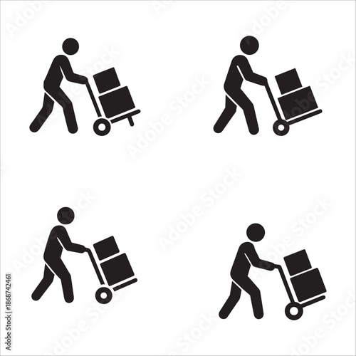 Four people pushing carts with boxes in different directions