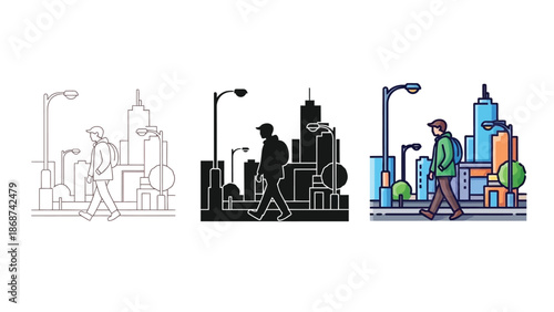 Graphic depiction illustrating different stylistic variations of a young man walking with a backpack through a modern city street scene featuring streetlights and tall buildings