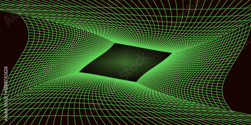 Neon green wireframe grid room. 3d perspective angle background. Futuristic digital outline space. Geometric dimension design. Vector template illustration