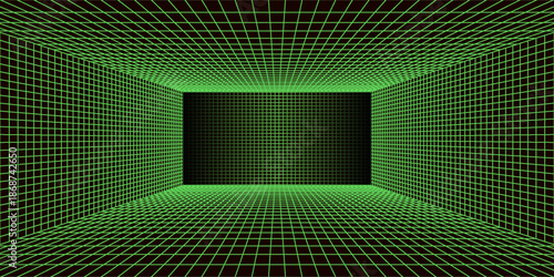 Neon green wireframe grid room. 3d perspective angle background. Futuristic digital outline space. Geometric dimension design. Vector template illustration
