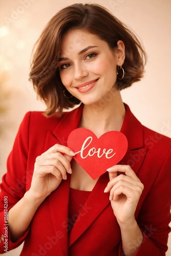 Beautiful woman in red blazer holding a paper heart with the word love.