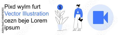Business strategy, financial growth, online collaboration, virtual communication, financial planning, and teamwork. A person holding a document stands by a plant with a dollar sign. Business strategy