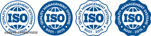 Set of ISO 9001-2015 Quality Management Systems Blue Vector Badges