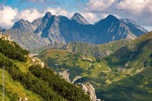 Scenic peaks of the High Tatras mountain range rising above green alpine valleys on the border of Poland and Slovakia. Iconic European mountain destination for travel, hiking, adventure, and nature ex