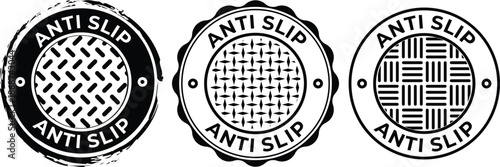 Set of three black and white 'ANTI SLIP' vector icons with various textured patterns