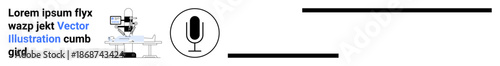Media production, sound recording, technology design, broadcasting, communication, digital platforms. A camera setup and microphone graphic. Media production and sound recording visualization