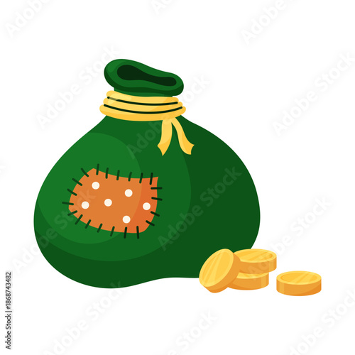 Green Bag full of gold coins. Hand drawn vector illustration. Object on white background. Design element for Saint Patricks Day.