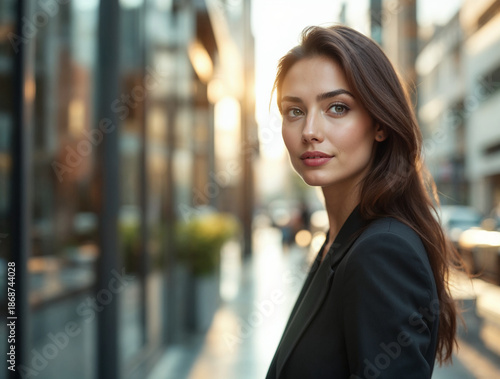 Confident Businesswoman Portrait in Urban Setting with Golden Hour Light, Featuring an Elegant Female Executive Looking at the Camera