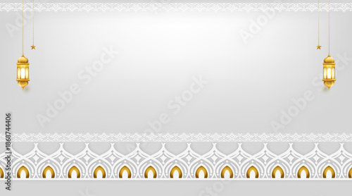Luxury white Ramadan Kareem Islamic background with creative border and lantern. Eid Mubarak design  