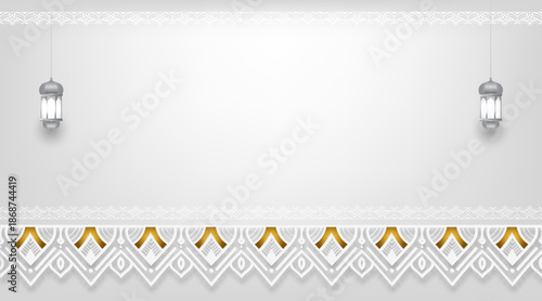 Luxury white Ramadan Kareem Islamic background with line border and lantern. Eid Mubarak design  