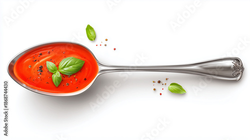Gourmet tomato soup in a silver vintage spoon with fresh basil leaves and black pepper isolated on white background top view for food recipes and culinary concept
