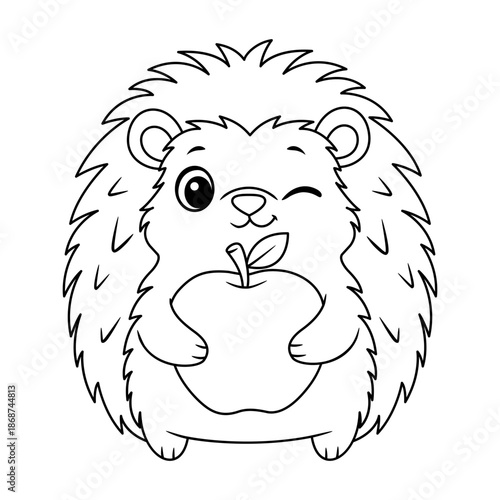 Cute cartoon hedgehog holding a big apple coloring page for kids