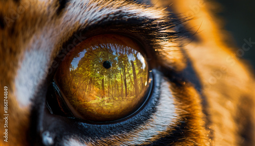 Extreme close-up of a tiger's eye reflecting a lush green jungle, intense wildlife macro photography.