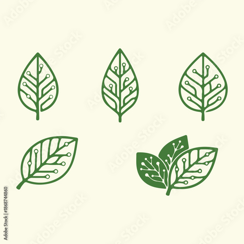 Eco Technology Vector Icons of Circuit Board Leaves Set