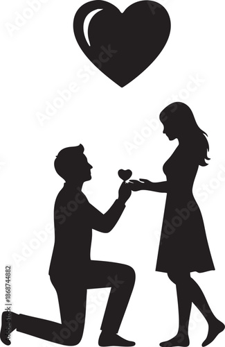 Romantic silhouettes of couples embracing kissing dancing and proposing with heart balloons and wine