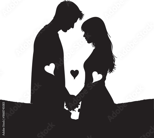 Romantic couple silhouette holding hands love illustration with affection and heart