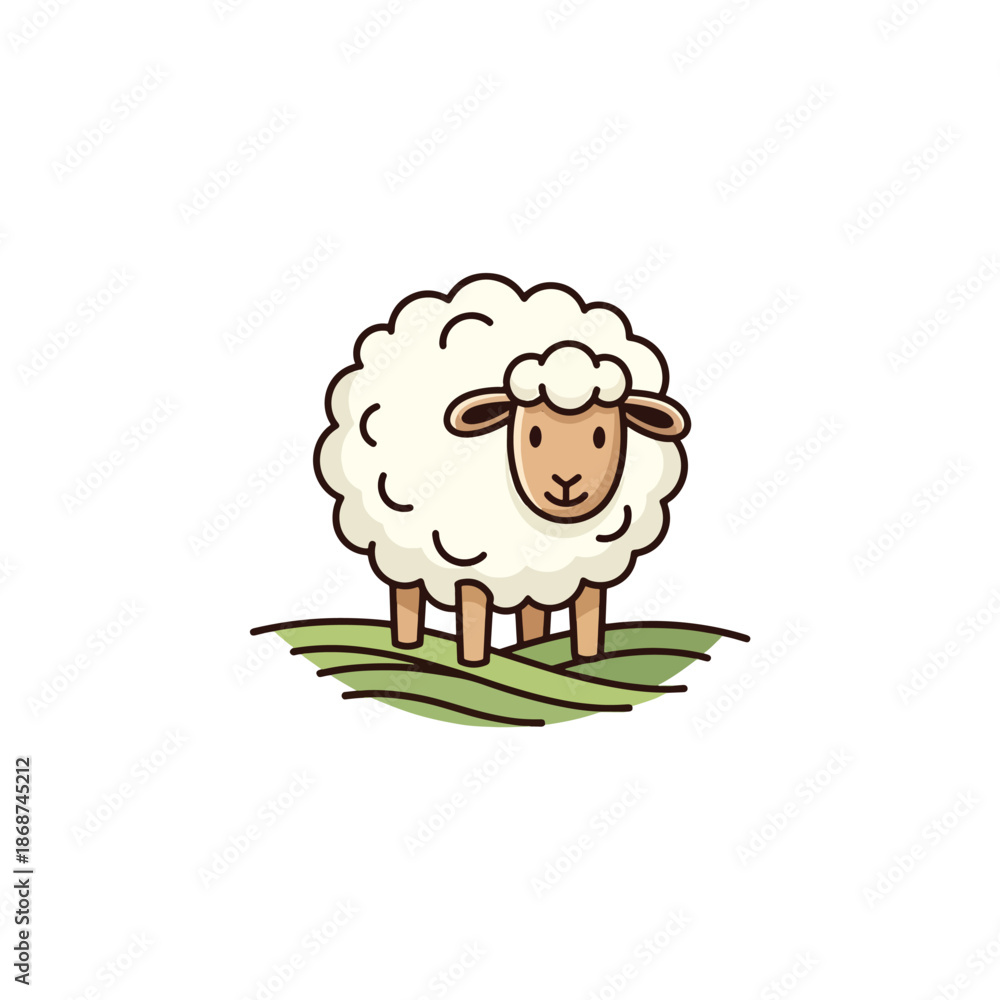 Obraz premium Whimsical graphic of a fluffy lamb standing on a patch of vibrant green pasture