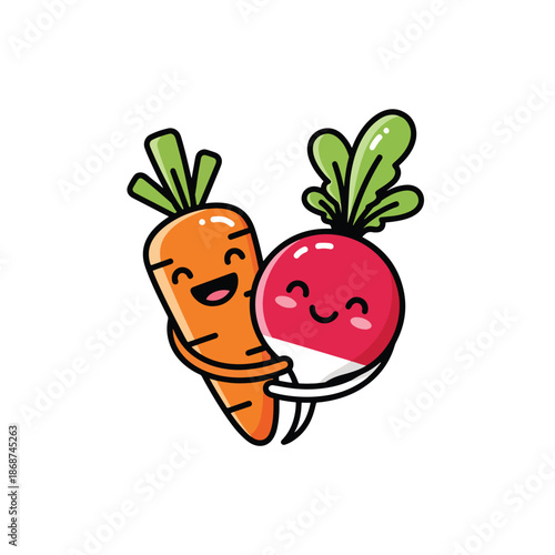 Cute cartoon carrot and radish embracing happily on a clean white background