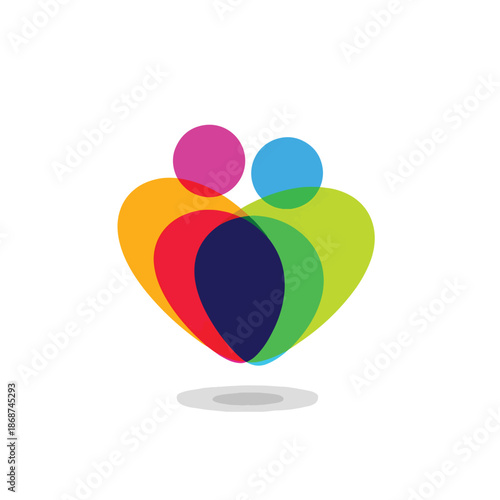 Vibrant abstract illustration of diverse individuals connecting, forming a symbolic heart shape representing unity and care.