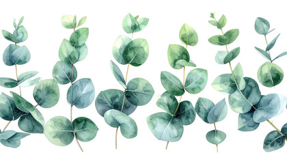Watercolor eucalyptus branches, green and silvery blue, arranged horizontally