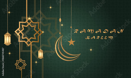 Ramadan Kareem design on green Islamic background with gold ornament star, moon, mosque, lanterns and islamic elements. Suitable for raya and ramadan template concept.