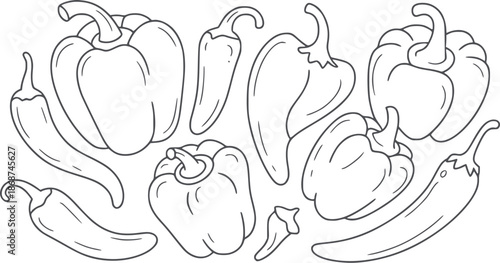 Hand drawn line of various bell peppers bellpeppers lineart handdrawn blackandwhite