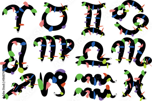 black artistic horoscope signs abstract garland glowing patterns astrological symbols