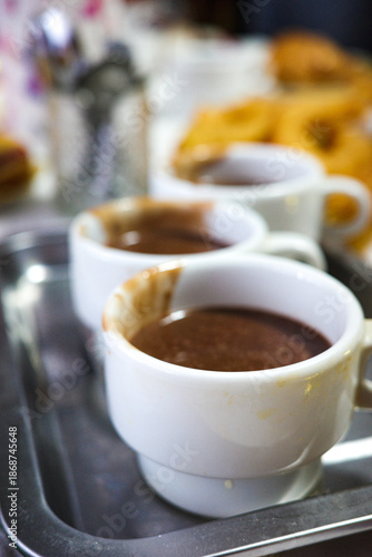 Hot chocolate in cups for traditional Spanish churros