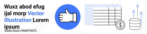 Business development, finance management, data analytics, growth tracking, revenue increase, investment strategy. Thumbs up icon, table chart coin stack. Business growth and finance management theme