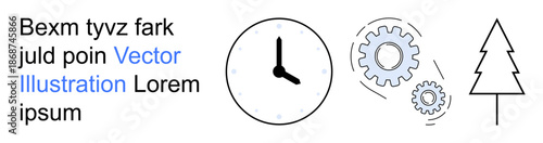 Time tracking, productivity, workflow processes, mechanical systems, environmental awareness, planning. Features clock, gears tree. Time tracking and productivity concepts