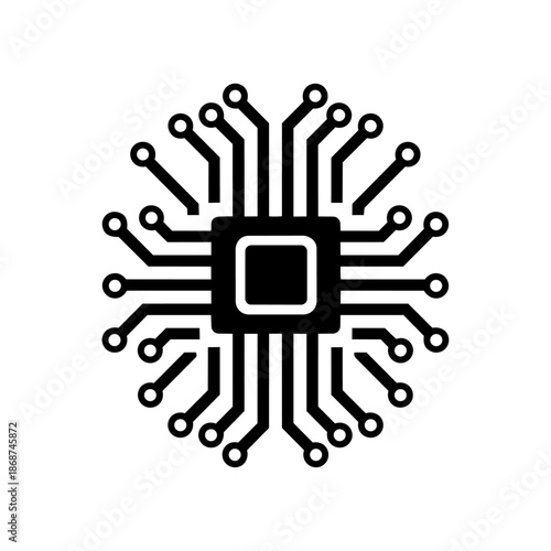 Stylized microchip with radiating connections symbolizing computing power, digital technology, and advanced electronics.