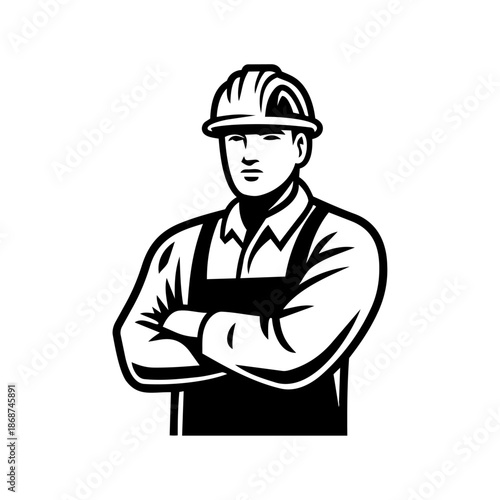 Construction worker with crossed arms symbolizing reliability, craftsmanship, hard work, and professional skill.
