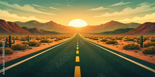 An empty asphalt highway stretches toward the distant mountains under a dramatic sunset sky as a car continues its nature journey along the rural landscape horizon