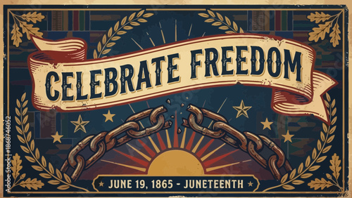 A vibrant illustration celebrating Juneteenth with a banner, broken chains, and a radiant sun