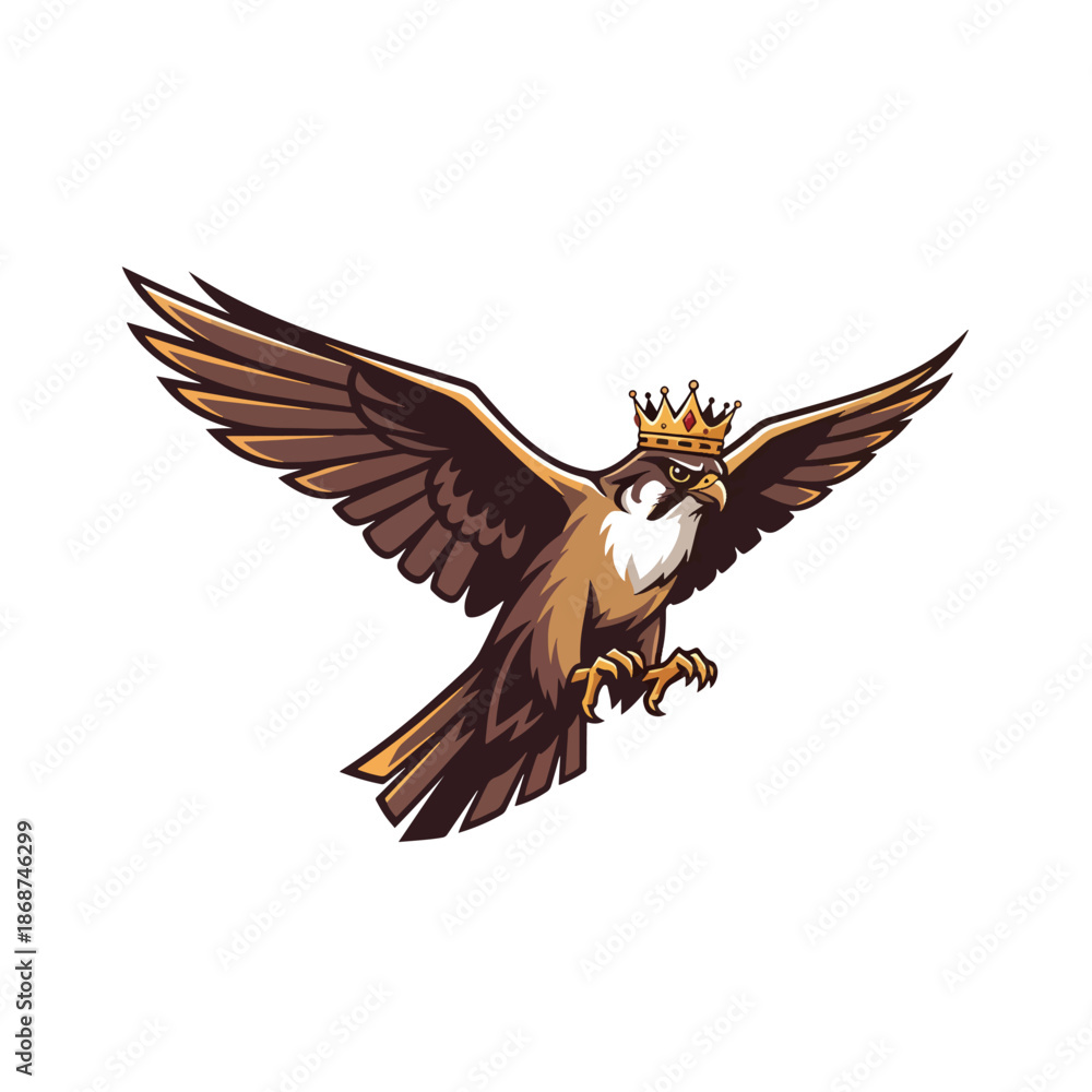 Obraz premium Majestic Crowned Falcon Illustration in Dynamic Flight, a Powerful Regal Bird Emblem