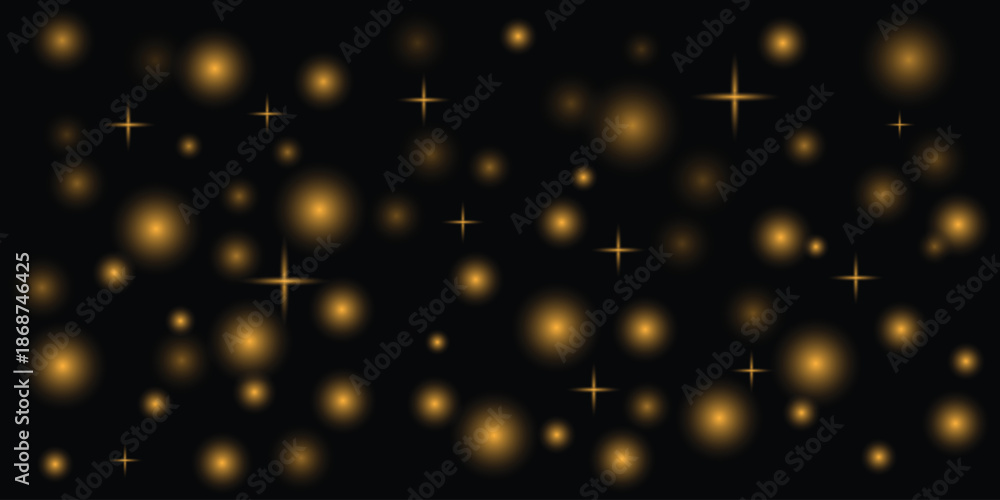 Obraz premium Golden glowing orbs and starbursts scattered on a black background abstract bokeh