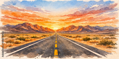An empty asphalt highway stretches toward distant mountains under a cloudy sky during a scenic travel journey through the desert landscape of a nature valley in Arizona, USA