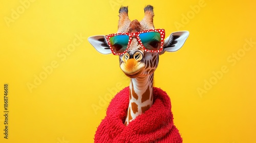 A giraffe wearing sunglasses and a red sweater stands against a bright yellow background, looking playful and fun.