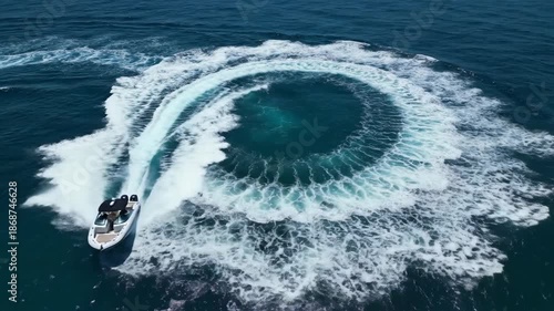 Aerial view of a speeding boat leaving a foamy trail across the deep blue water