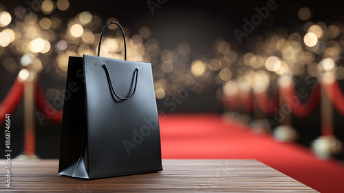 Wallpaper Mural Elegant black shopping bag on red carpet with festive bokeh lights background Torontodigital.ca