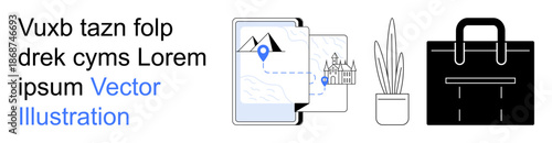 Travel, navigation, business, work, digital tools, minimalism. A graphic of a tablet displaying a map, a location pin a plant and a black briefcase. Travel and navigation concept