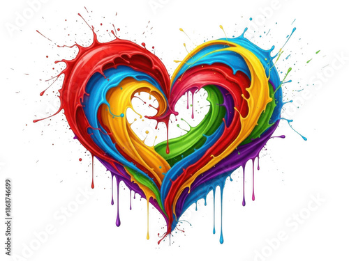 Vibrant rainbow heart with paint splatter isolated on transparent background