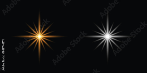 Two abstract starburst light effects orange and white on black background glow flare