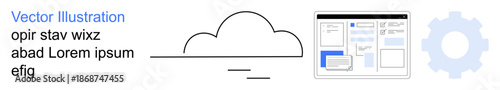 Cloud computing, data storage, workflow automation, technology integration, digital tools, IT solutions. Minimalistic design showing a cloud, interface and gear. Cloud computing and data storage