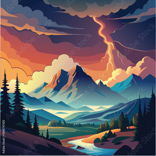 Mountain landscape illustration with dramatic lighting and a lightning storm