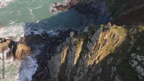 The Mirador de Costa Juntos Scenic Viewpoint In The Loiba Cliffs Of Ortigueira, Galicia, Spain. Aerial Drone Shot